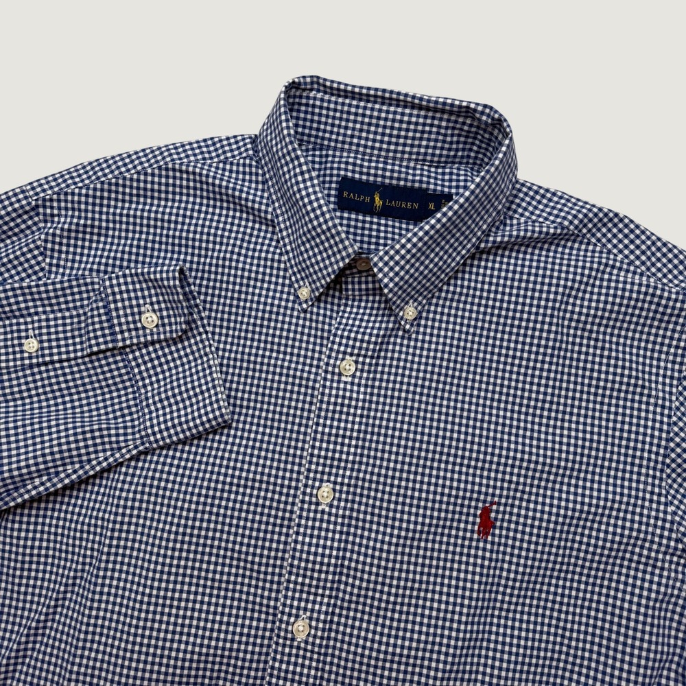 Ralph Lauren Mens XL Button Down Shirt Navy Blue Gingham Plaid Long Sleeve